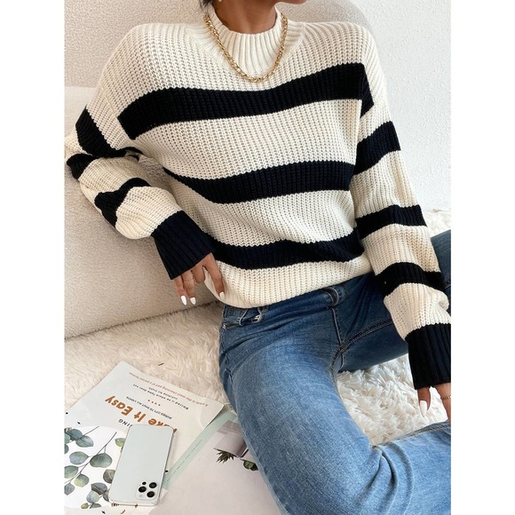 BohoGypsyDreamer.com Sweaters - Striped preppy soft knit Sweater mock neck stand collar cream black stripe
